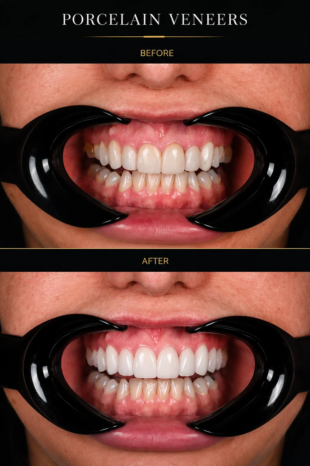 Porcelain veneers before and after treatment by Dr Samira Sharifi in Dubai